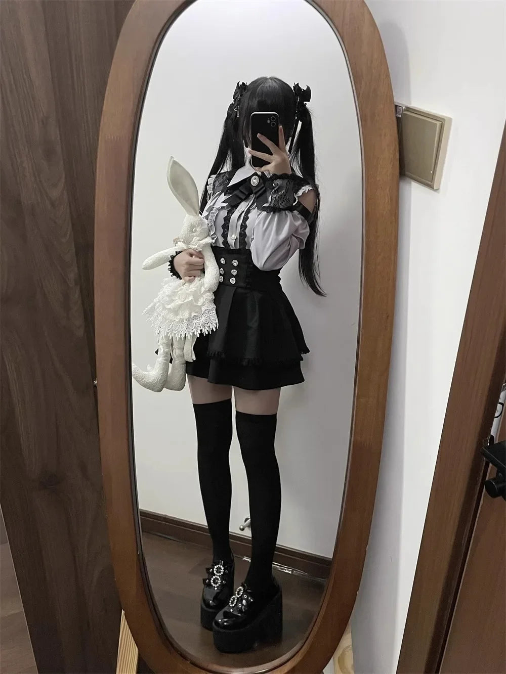 Sweet Gothic Lolita Two Piece Set, Off Shoulder Blouse + High Waist Skirt, Kawaii Tri-color Lace Coord Outfit for Women & Teens