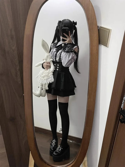 Sweet Gothic Lolita Two Piece Set, Off Shoulder Blouse + High Waist Skirt, Kawaii Tri-color Lace Coord Outfit for Women & Teens