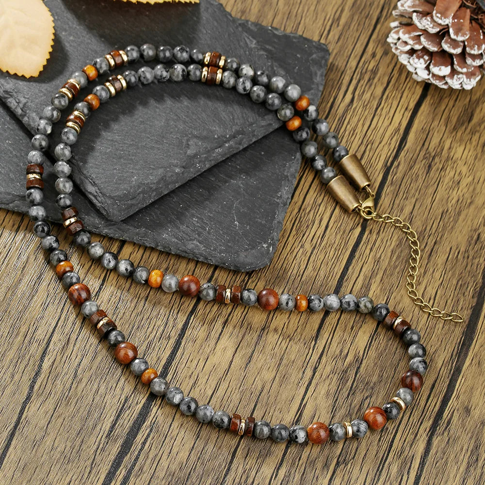 1PC Man's Vintage Bohemia Natural Flash Stone Long Beaded Necklace for Men Tribal Boho Long Wooden Beads Necklace Men Jewelry