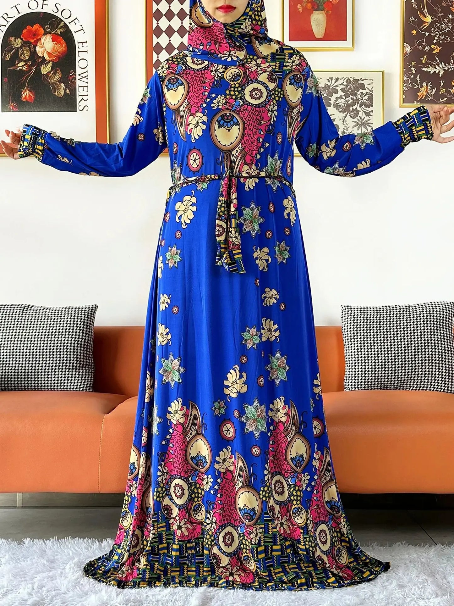 2025 Floral Ramadan Muslim Dress Solid Color Khimar Kaftan Abaya Robe with Attached Hijab Middle East Prayer Garment for Women - AMULET RING STORE