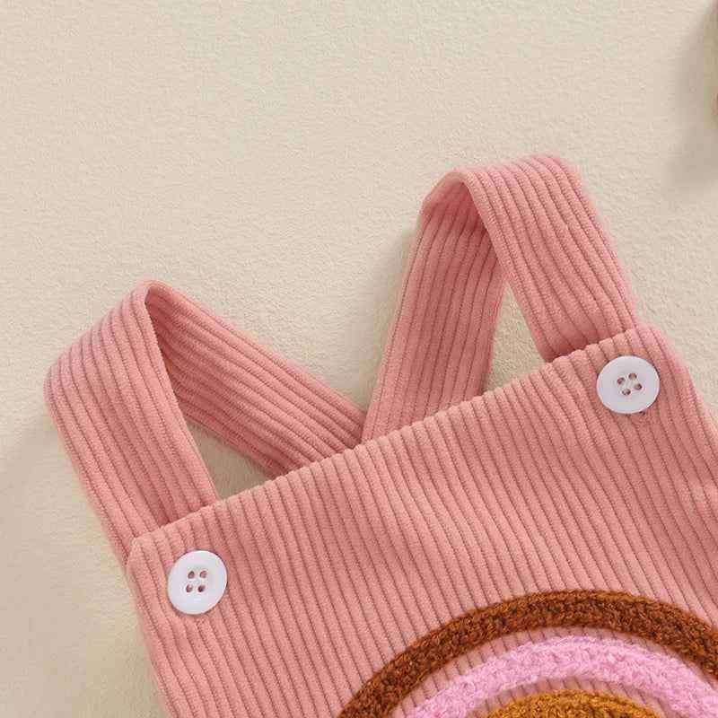 Infant Baby Girl Boy Overalls Rompers Summer Rainbow/Strawberry Embroidery Sleeveless Square Neck Suspender Ribbed Romper - AMULET RING STORE