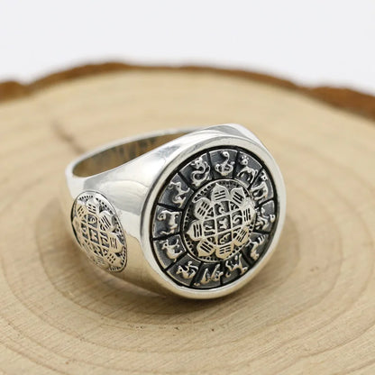 Vintage Thai Silver Nine Palaces Eight Trigrams Twelve Zodiac Signs Rotating Index Finger Ring