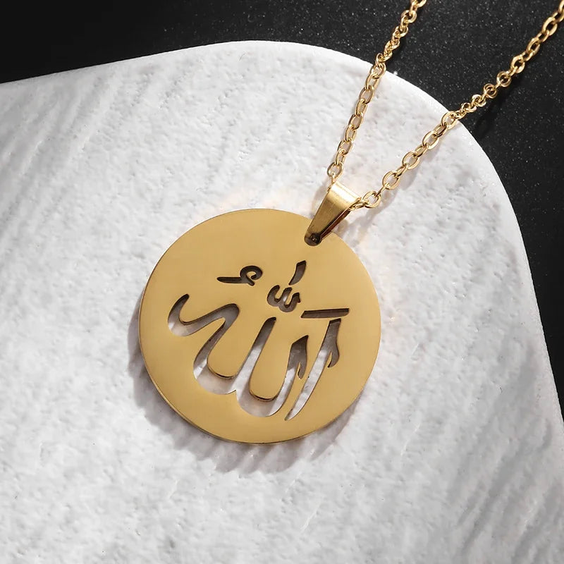 Allah Necklace for Men Stainless Steel Gold Color Round Pendant Necklace