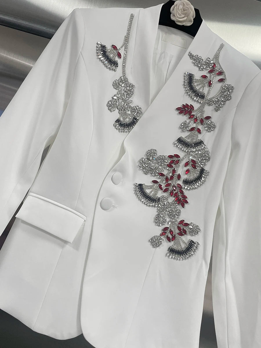 TWOTWINSTYLE Solid Spliced Bead Flower Temperament Blazers for Women V Neck Long Sleeves Patchwork Single Breasted Blazer Female
