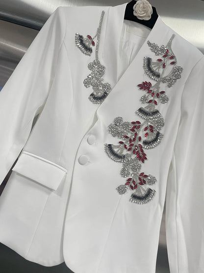 TWOTWINSTYLE Solid Spliced Bead Flower Temperament Blazers for Women V Neck Long Sleeves Patchwork Single Breasted Blazer Female