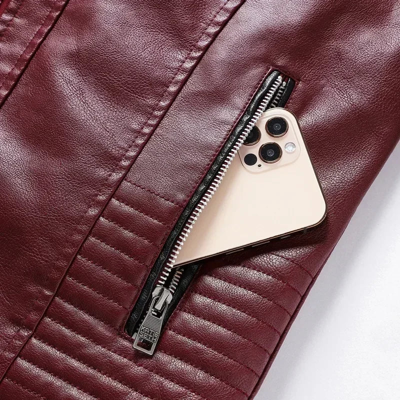 Men's Motorcycle Leather Jacket Standing Collar Coat Jacket Men's Leather Bomber Moto Jackets Baseball Collar PU Bike For Male