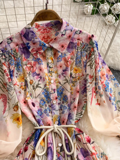 Faionable Print Long Dr Women's Spring Belted Waist Pleated Lantern Sve Turn-down Collar Dr Korean Sle Commute