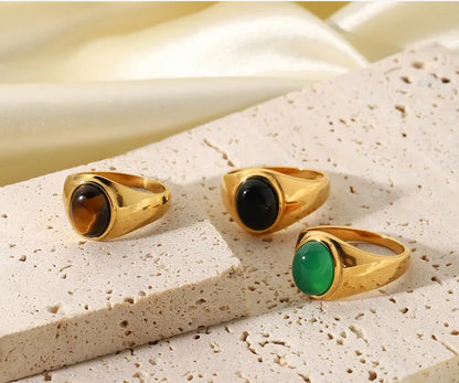 Elegant Vintage Stainless Steel Rings For Women Bohemia Oval Tiger Eye Stone Obsidian Engagement Rings Jewelry