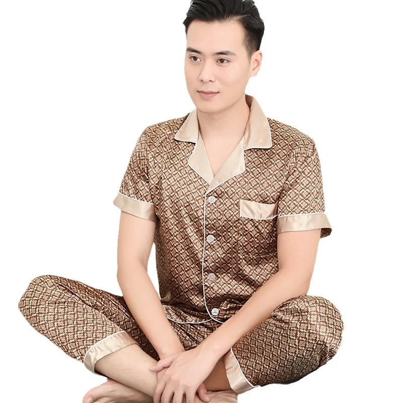 High Quality Pajamas Set Men Spring Autumn Thin Polyester Ice Silk Long-sleeved Sleepwear Plus Size Summer Home Clothes Male