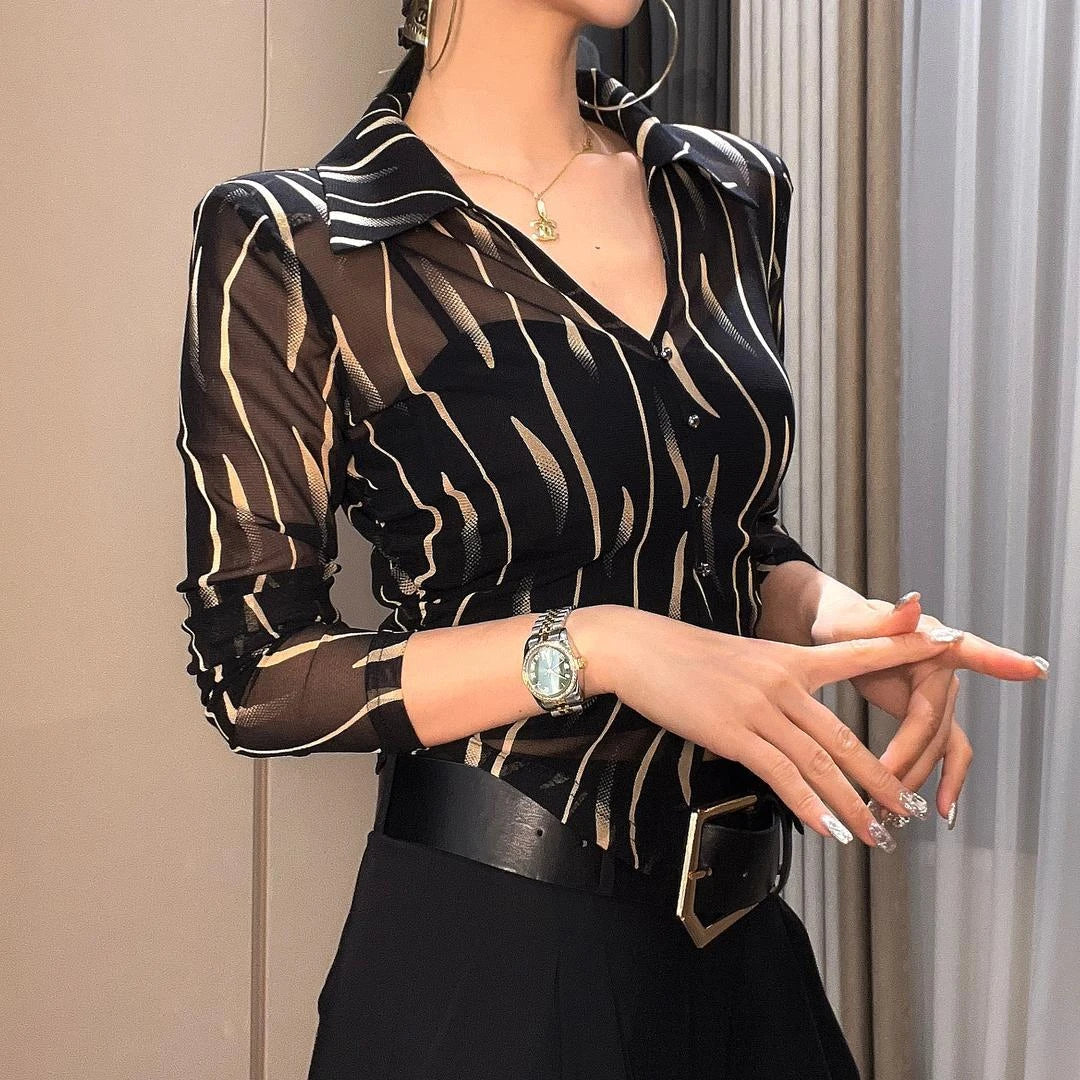 Female Crop Tops Striped Transparent Black Summer Full Long Sleeve Sexy Button Up Women's Shirt and Blouse See-through Chic M Xl