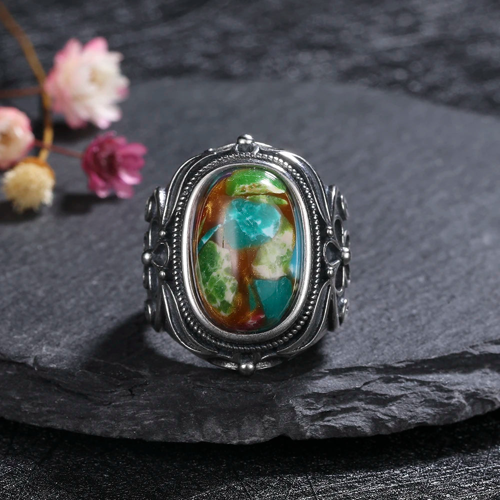 Vintage Natural Emperor Stone Ring S925 Silver Retro Hollow Luxury Fine Jewelry Wedding Gift for Women - AMULET RING STORE