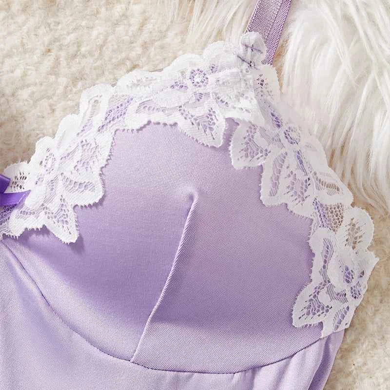 Deep V Women Nightdress Light Purple Sexy Adult Lace Bow Temptation Lingerie Gentle Erotic Clothing Dress Babydoll Underwear Set