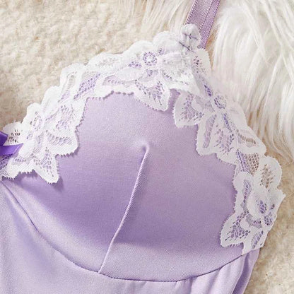 Deep V Women Nightdress Light Purple Sexy Adult Lace Bow Temptation Lingerie Gentle Erotic Clothing Dress Babydoll Underwear Set