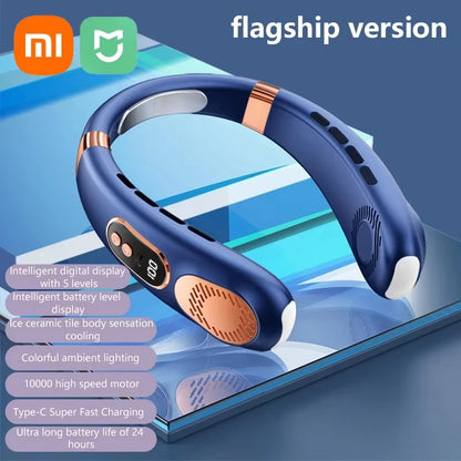 XIAOMI 2025 Neck Fan USB Rechargeable Cooling Fan 5 Speed Adjustable Neck Cooler Digital Display Bladeless Neckband Fan