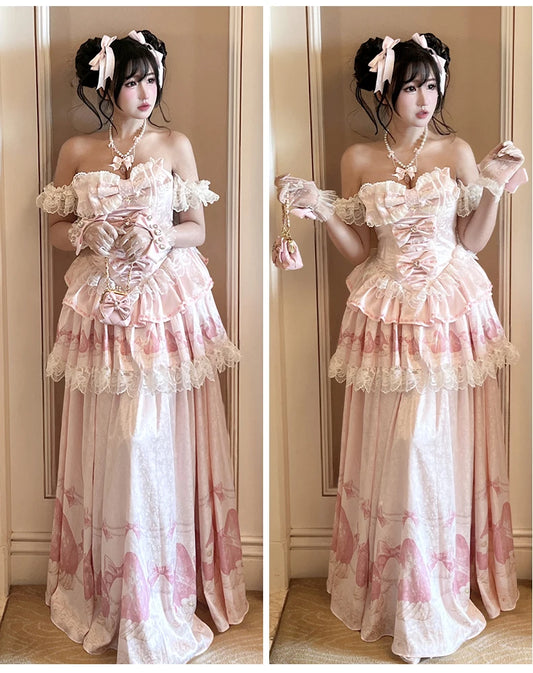 Sweet Princess Style Birthday Anniversary Wedding Dress New Lolita Cute Bow Sexy Strapless Girl Temperament Puffy Lace Dresses