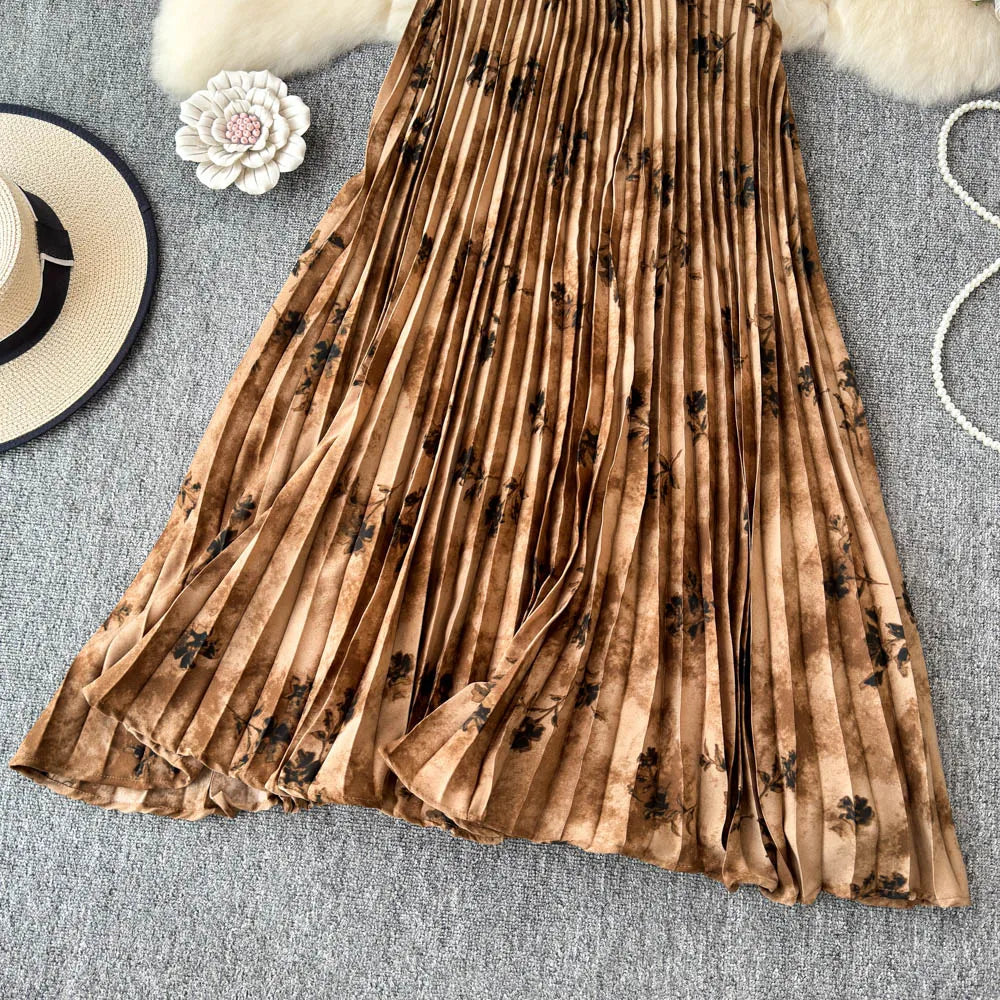 Chiffon A-Line Midi Skirt Women's Autumn 2025 New Sle Cover Hip Draped Large Swing Umbrella Skirt Pleated Floral Skirt