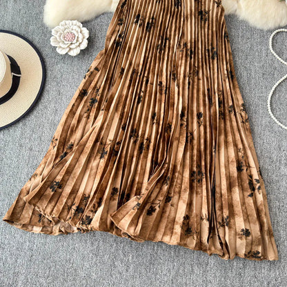 Chiffon A-Line Midi Skirt Women's Autumn 2025 New Sle Cover Hip Draped Large Swing Umbrella Skirt Pleated Floral Skirt