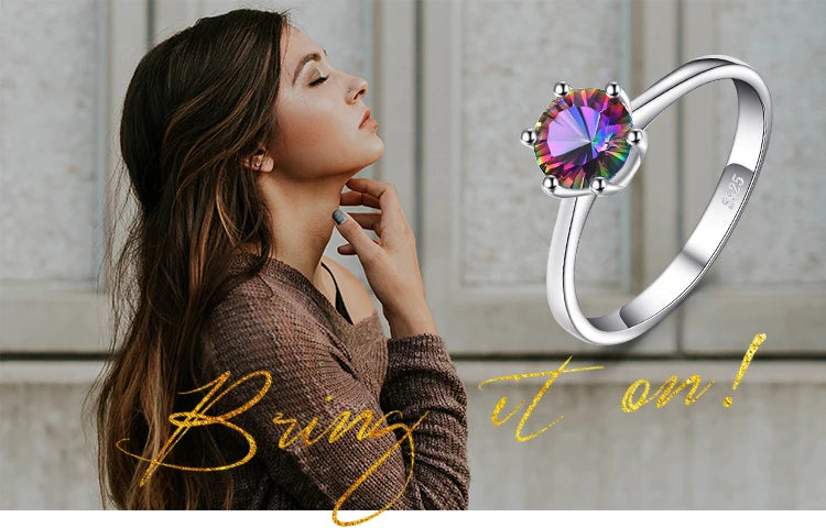 JewelryPalace  Natural Rainbow Mystic Quartz 925 Sterling Silver Ring for Women Solitaire Gemstone Jewelry Engagement Ring