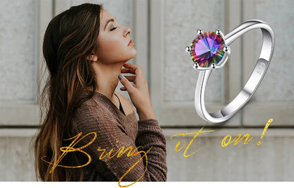 JewelryPalace  Natural Rainbow Mystic Quartz 925 Sterling Silver Ring for Women Solitaire Gemstone Jewelry Engagement Ring