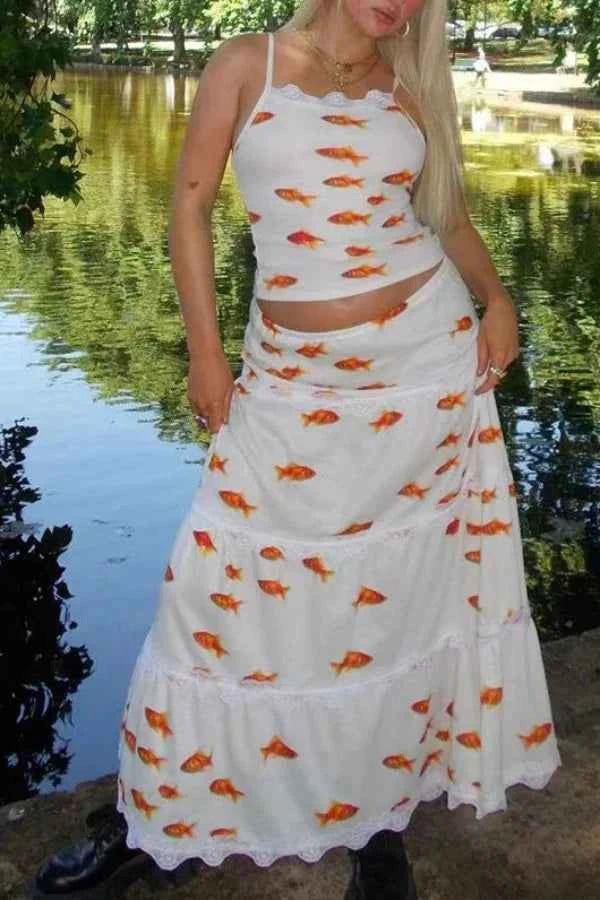 Korejpaa Spicy Girl Vintage Skirts Y2K Clothes Cute Goldfish Printed Midi Skirt Women High Waist Lace Splicing Cake Kawaii Skirt