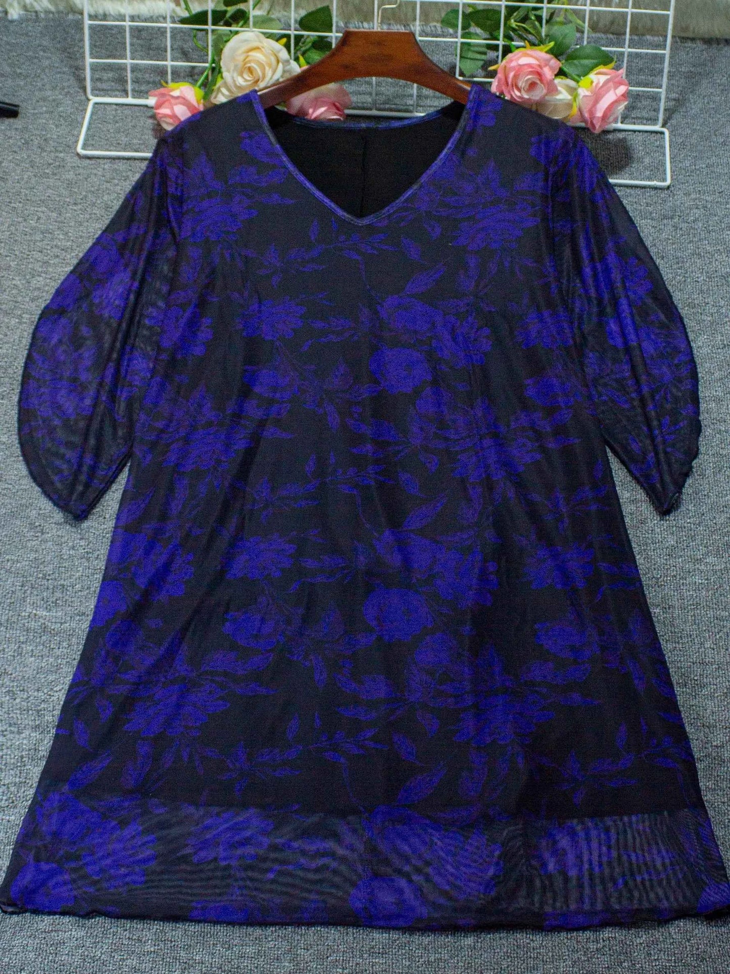 Boho Floral Print Maxi Dress - Layered Mesh V-Neck Plus Size Women's Dress