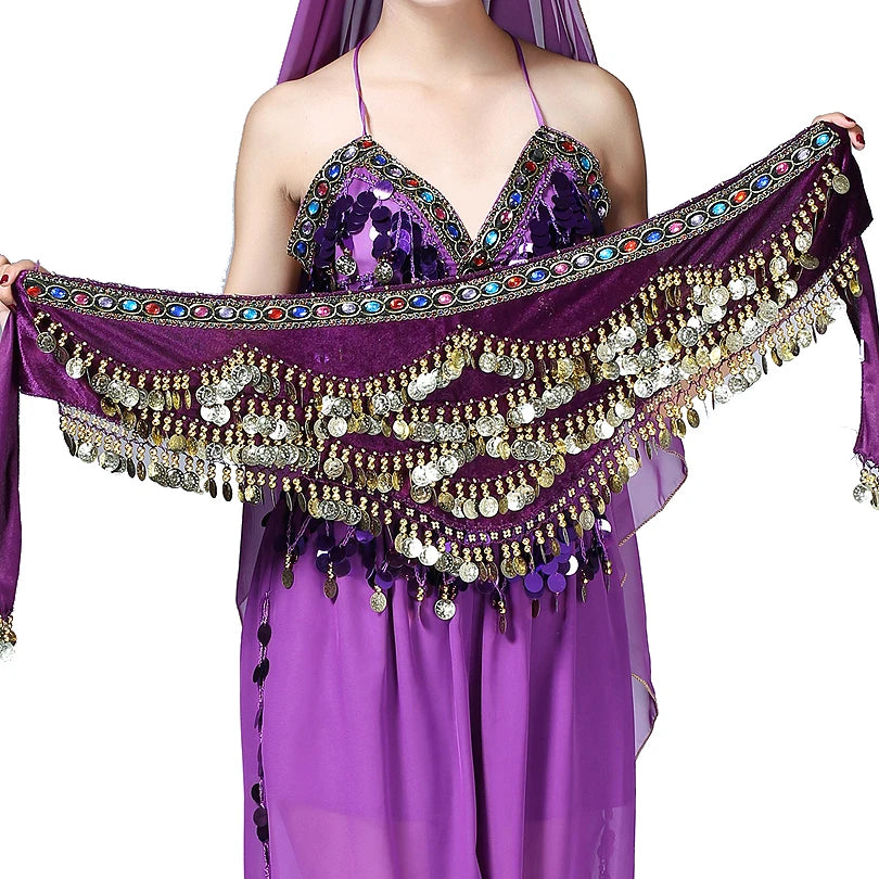1PC New Style Belly Dance Belt Newest Multi-color Glass Silk Velvet Dancing Belt Scarf Crystal BellyDance Waist Chain Hip Scarf - AMULET RING STORE