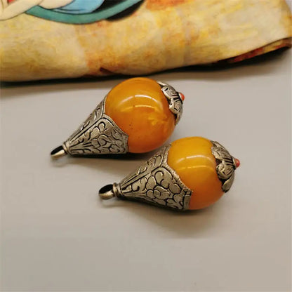Nepal Hand Vintage Pendants Big Pearl Copper Capped Amber TBP333