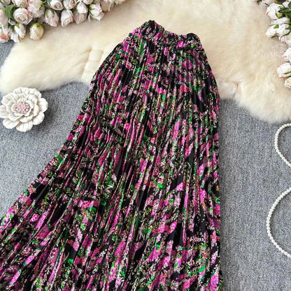 Chiffon A-Line Midi Skirt Women's Autumn 2025 New Sle Cover Hip Draped Large Swing Umbrella Skirt Pleated Floral Skirt
