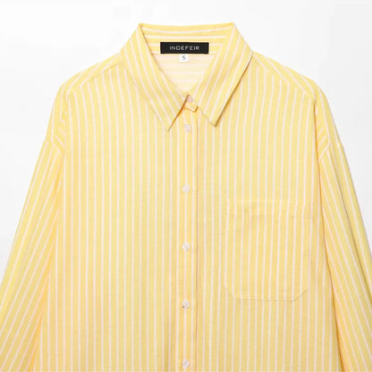 HXAO Women's Striped Shirt Long Sleeve Yellow Shirt Spring Summer Long Button Up Shirts And Blouses Casual Loose Fit Shirt