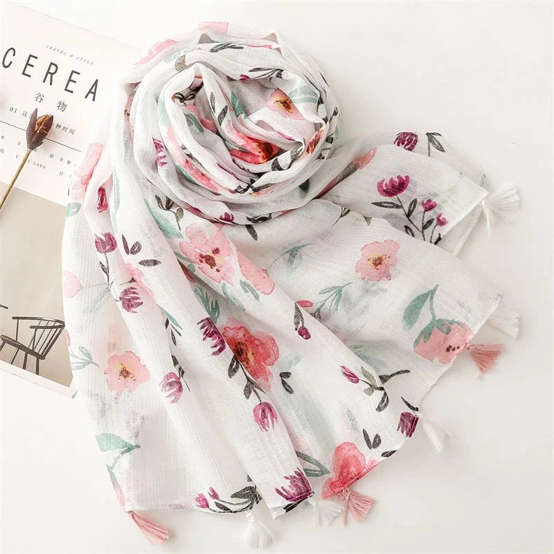 White Pink Flower Women Scarf Shawl Cotton Linen Feeling Tassel Pashmina Muslim Hijab Wrap Lady Viscose Scarf Foulard