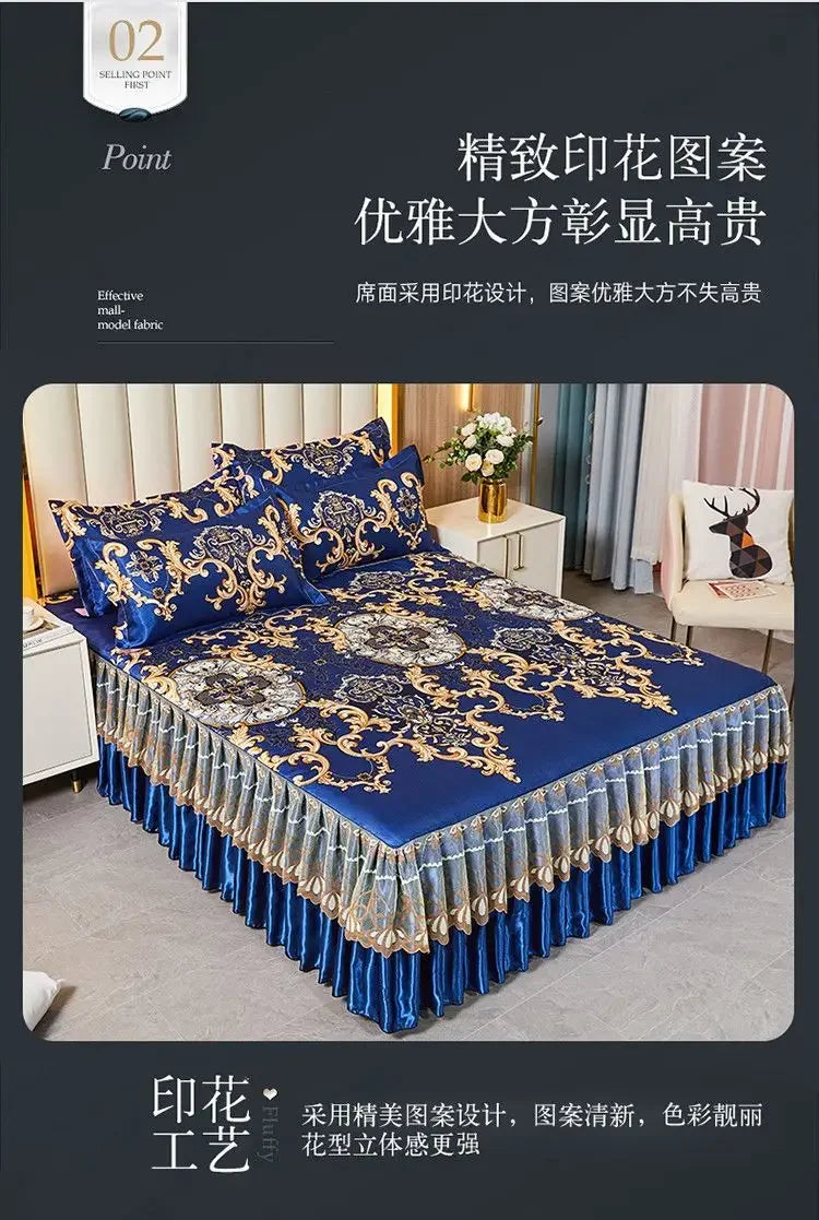 3Pcs/Lot Double Bed Sheet Set Classic Lace Royal Blue Bed Sheet Bed Skirt