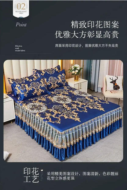 3Pcs/Lot Double Bed Sheet Set Classic Lace Royal Blue Bed Sheet Bed Skirt