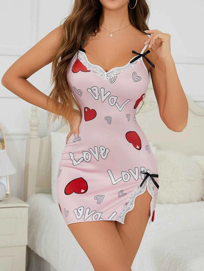 Heart Letter Floral Slip Nightdress Lace Trim Deep V Side Split Sleep Dress Soft Breathable Fabric For Women Night Gown