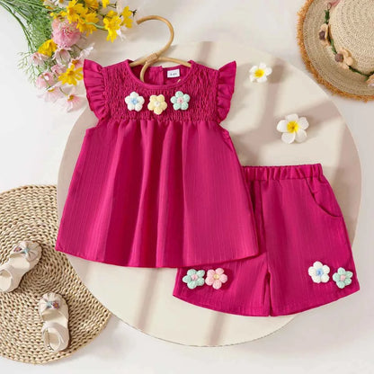 Baby Girls Summer Set Flowers Short Sleeved Top Bow Shorts Casual Toddler Clothes for Kids 1-4 Year