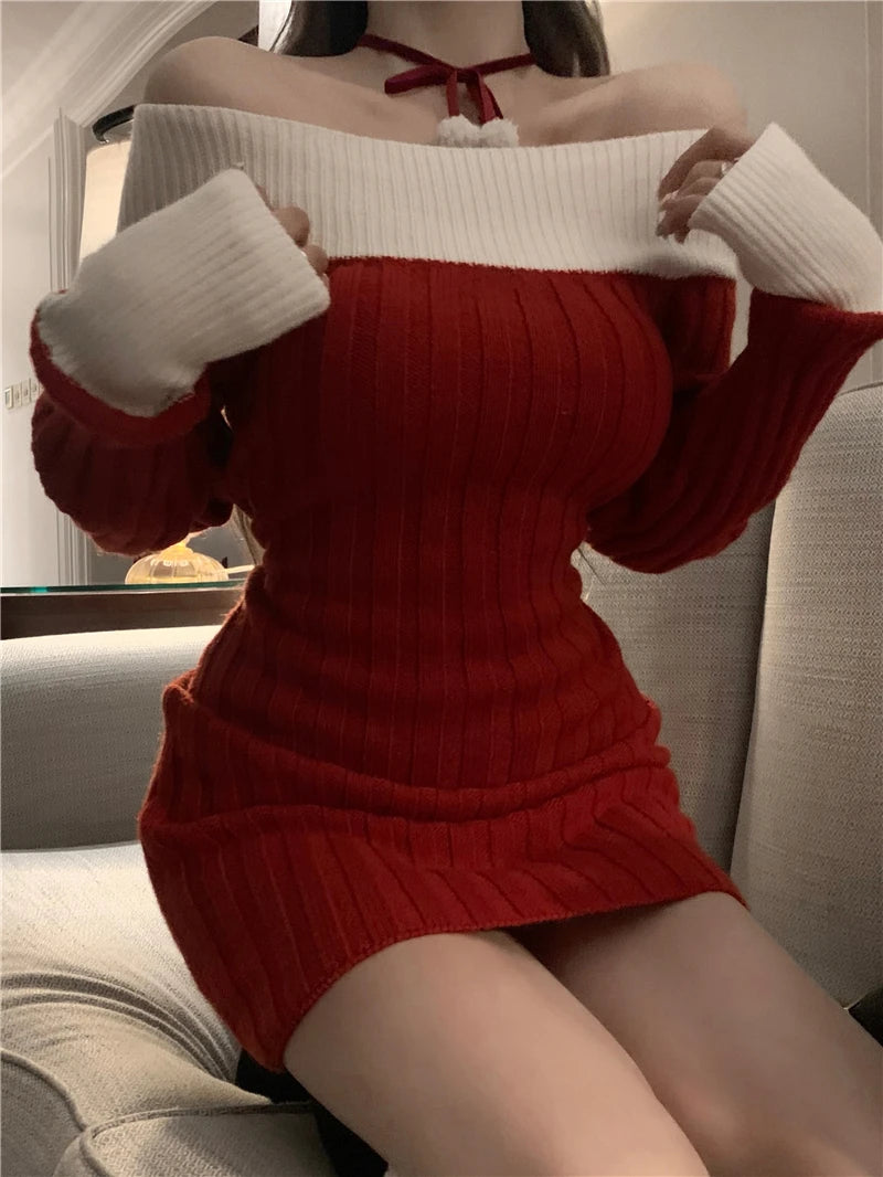 Sexy Red Christmas Dress Women Autumn Winter Korean Style Slash Neck Bodycon Knitted Dresses Female Elegant Y2k Party Mini Dress - AMULET RING STORE