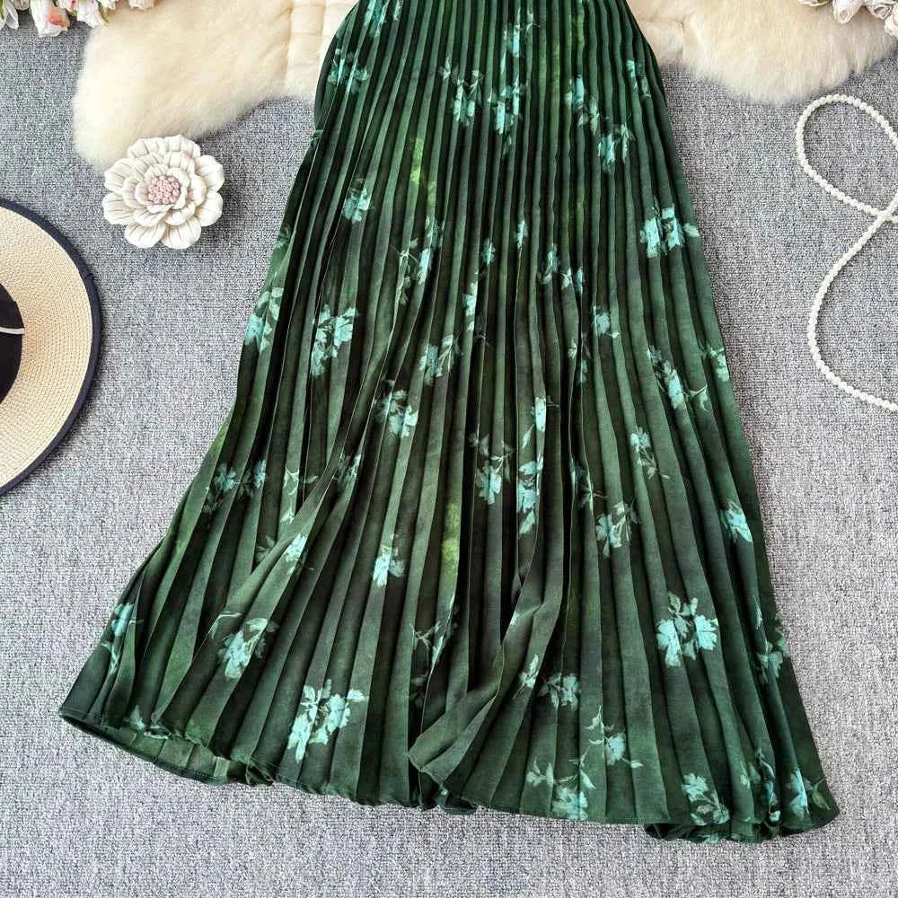 Chiffon A-Line Midi Skirt Women's Autumn 2025 New Sle Cover Hip Draped Large Swing Umbrella Skirt Pleated Floral Skirt