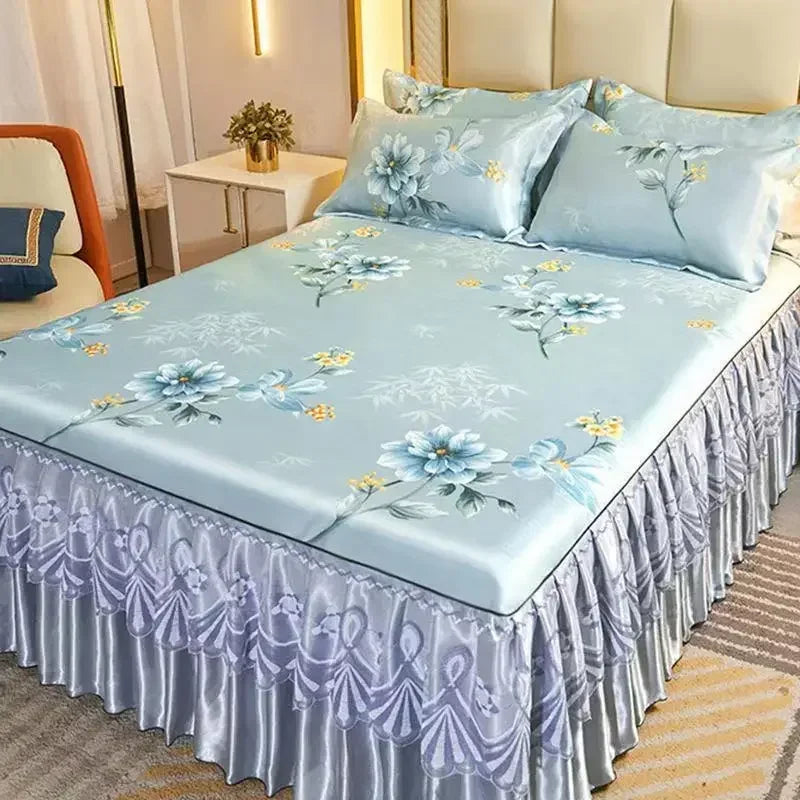 3Pcs/Lot Double Bed Sheet Set Classic Lace Royal Blue Bed Sheet Bed Skirt