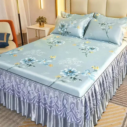 3Pcs/Lot Double Bed Sheet Set Classic Lace Royal Blue Bed Sheet Bed Skirt