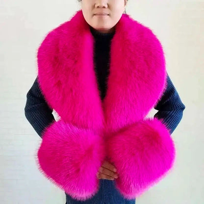 Large Winter Faux Fox Fur Scarf Women Jackets Warm Fluffy Shawl Fashion Artificial Fur Collar And Cuff Set Fluffy Scarves Female