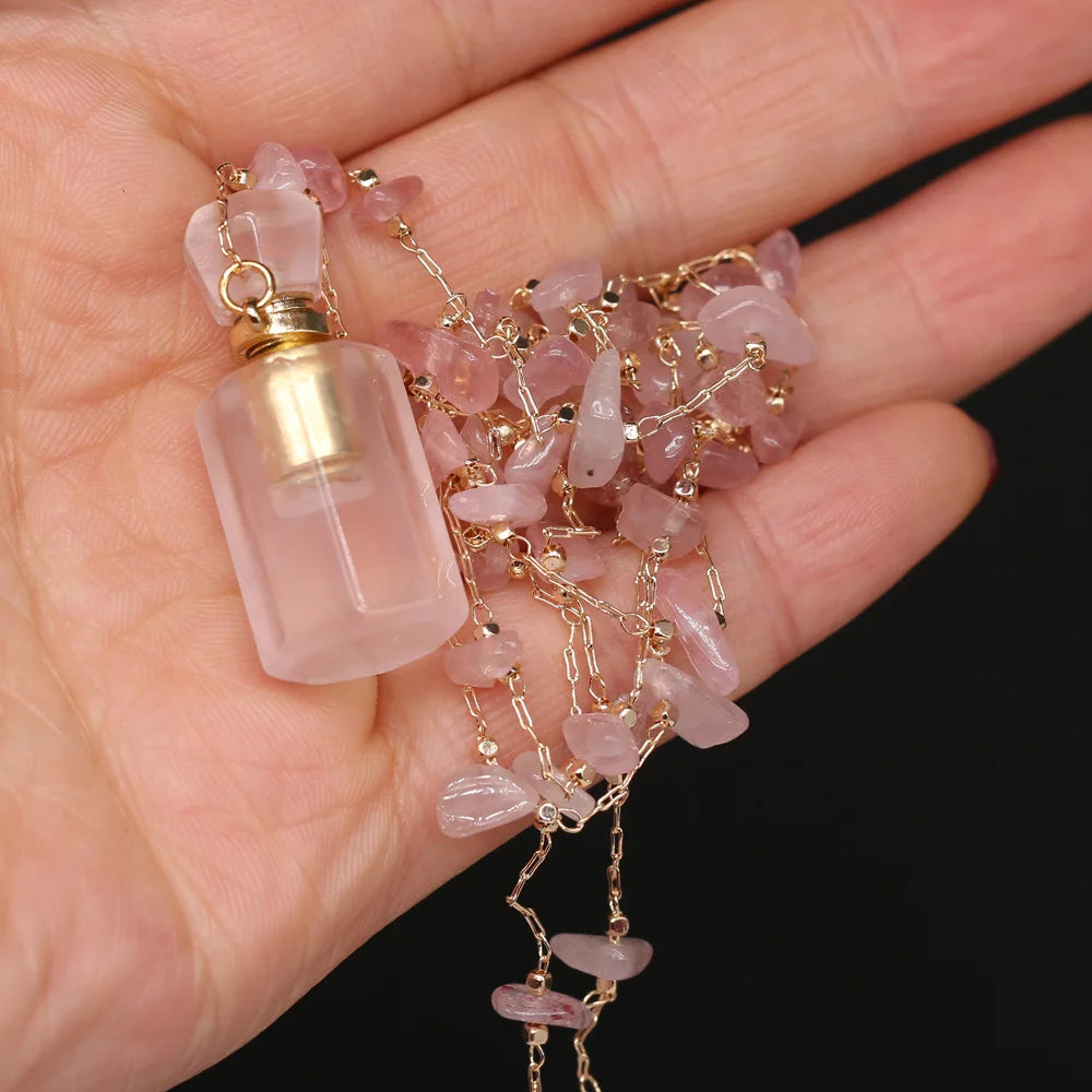 Natural Stone Rose Quartz Perfume Bottle Essential Oil Diffuser Reiki Healing Exquisite Necklace Jewelry Gift - AMULET RING STORE