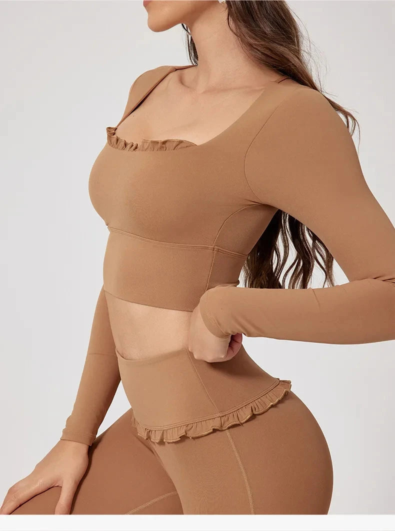 1/2PCS Pad Women Yoga Set Lotus Gym Fitness Long Sleeve Sports Crop Top High Waist Bell Flare Legging Workout Athletic Wear