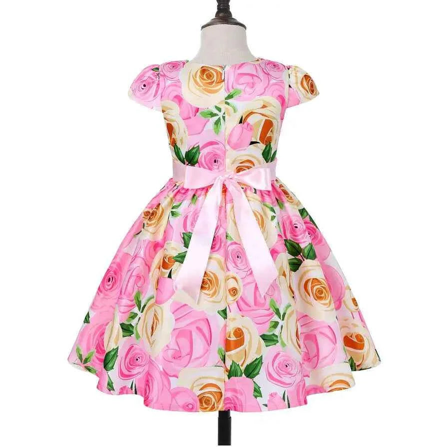 Summer Girls Rose Print Dress Princess Wedding Birthday Party Frocks Satin Children Vestidos Dresses For Girl Christmas Clothing