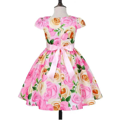 Summer Girls Rose Print Dress Princess Wedding Birthday Party Frocks Satin Children Vestidos Dresses For Girl Christmas Clothing
