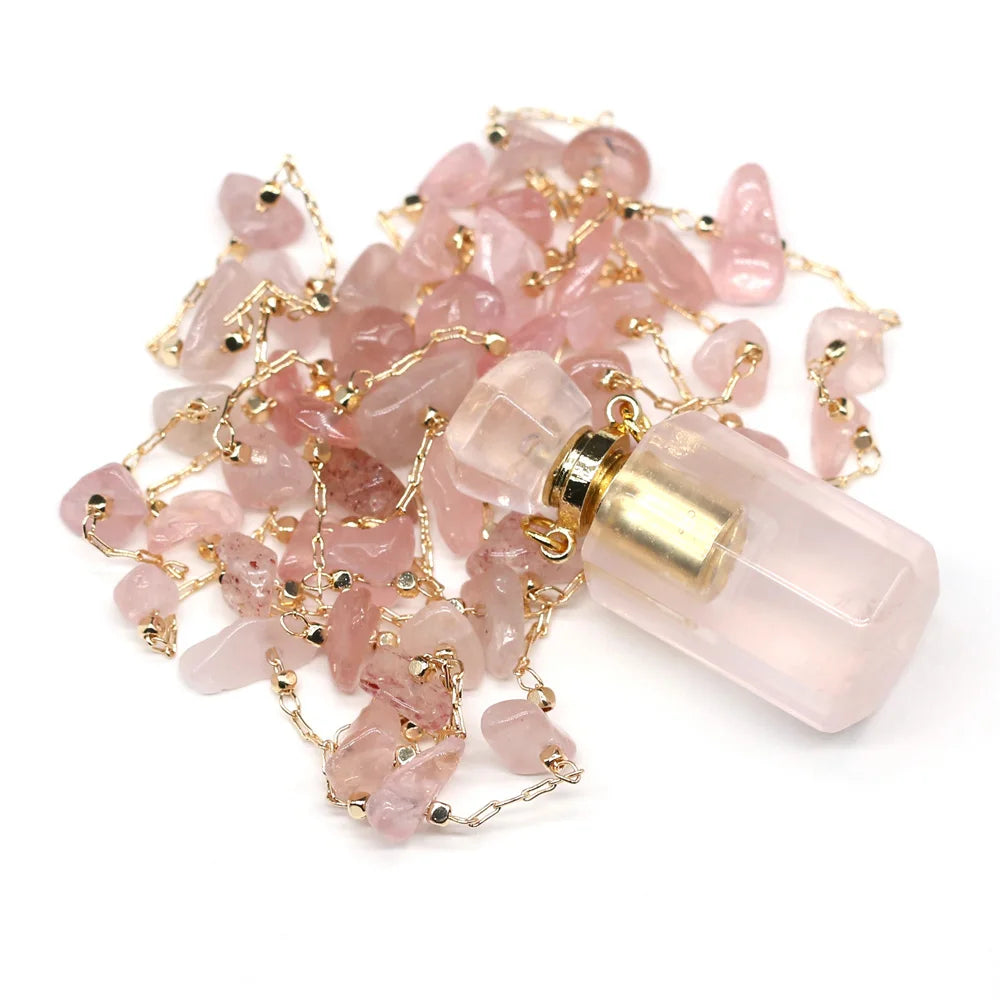 Natural Stone Rose Quartz Perfume Bottle Essential Oil Diffuser Reiki Healing Exquisite Necklace Jewelry Gift - AMULET RING STORE
