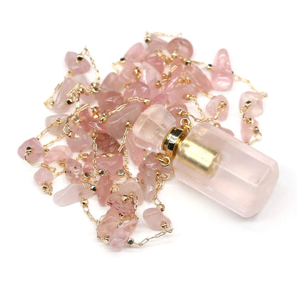 Natural Stone Rose Quartz Perfume Bottle Essential Oil Diffuser Reiki Healing Exquisite Necklace Jewelry Gift - AMULET RING STORE