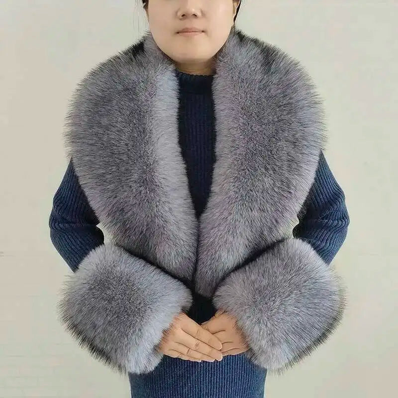 Large Winter Faux Fox Fur Scarf Women Jackets Warm Fluffy Shawl Fashion Artificial Fur Collar And Cuff Set Fluffy Scarves Female
