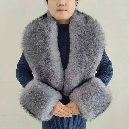 Large Winter Faux Fox Fur Scarf Women Jackets Warm Fluffy Shawl Fashion Artificial Fur Collar And Cuff Set Fluffy Scarves Female
