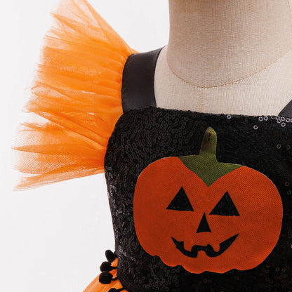 Baby Girl Halloween Costume 0-3 Yrs Little Girl Fantasy Dress Children Pumpkin Skeleton Print Fluffy Gown Kids Cute Orange Frock