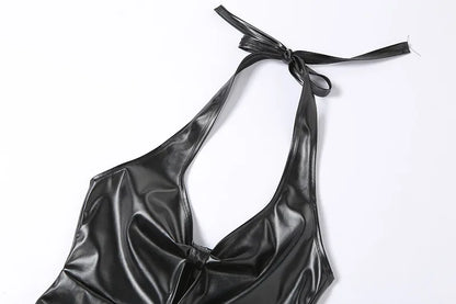 Sexy Deep V Neck Wrap Chest PU Leather Slim Bodycon Dress Women Backless Sleeveless Mini Dress Elegant Club Party Vestidos - AMULET RING STORE