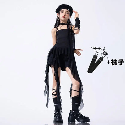 Hip Hop Girls Crop Top Plaid Street Dance Skirt Kids Ribbon Pleated Skirts Teens Jazz Cool Costumes Child Streetwear Clothes Set